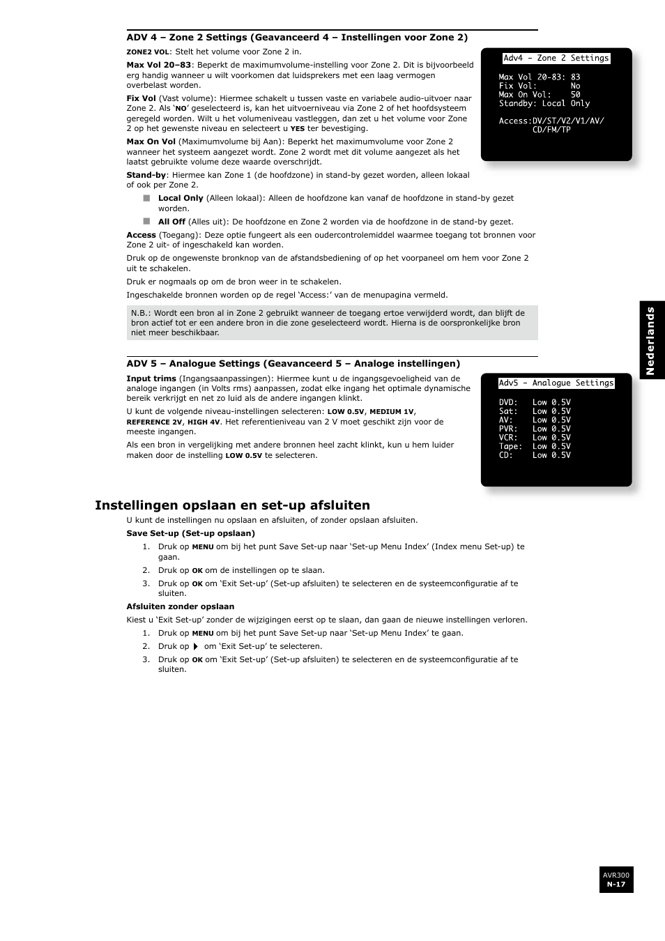 Instellingen opslaan en set-up afsluiten, N-17 | Arcam surround sound receiver AVR300 User Manual | Page 139 / 160