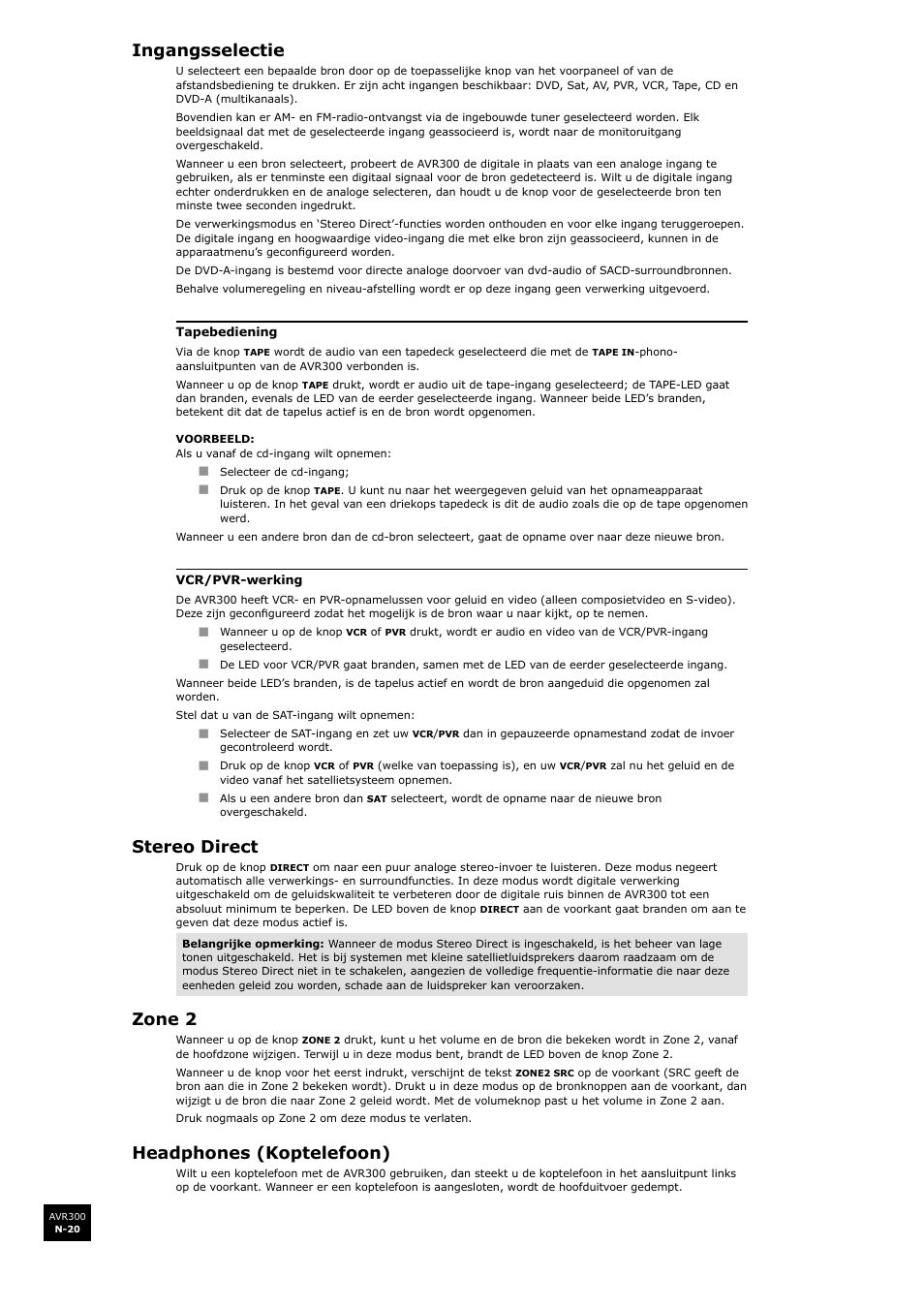 Ingangsselectie, Stereo direct, Zone 2 | Headphones (koptelefoon), N-20 stereo direct, N-20 zone 2, N-20 headphones (koptelefoon), N-20 | Arcam surround sound receiver AVR300 User Manual | Page 142 / 160