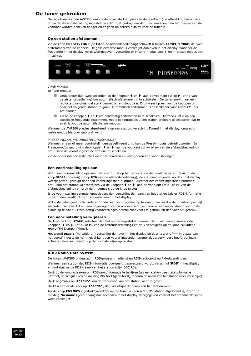 De tuner gebruiken, N-22 | Arcam surround sound receiver AVR300 User Manual | Page 144 / 160