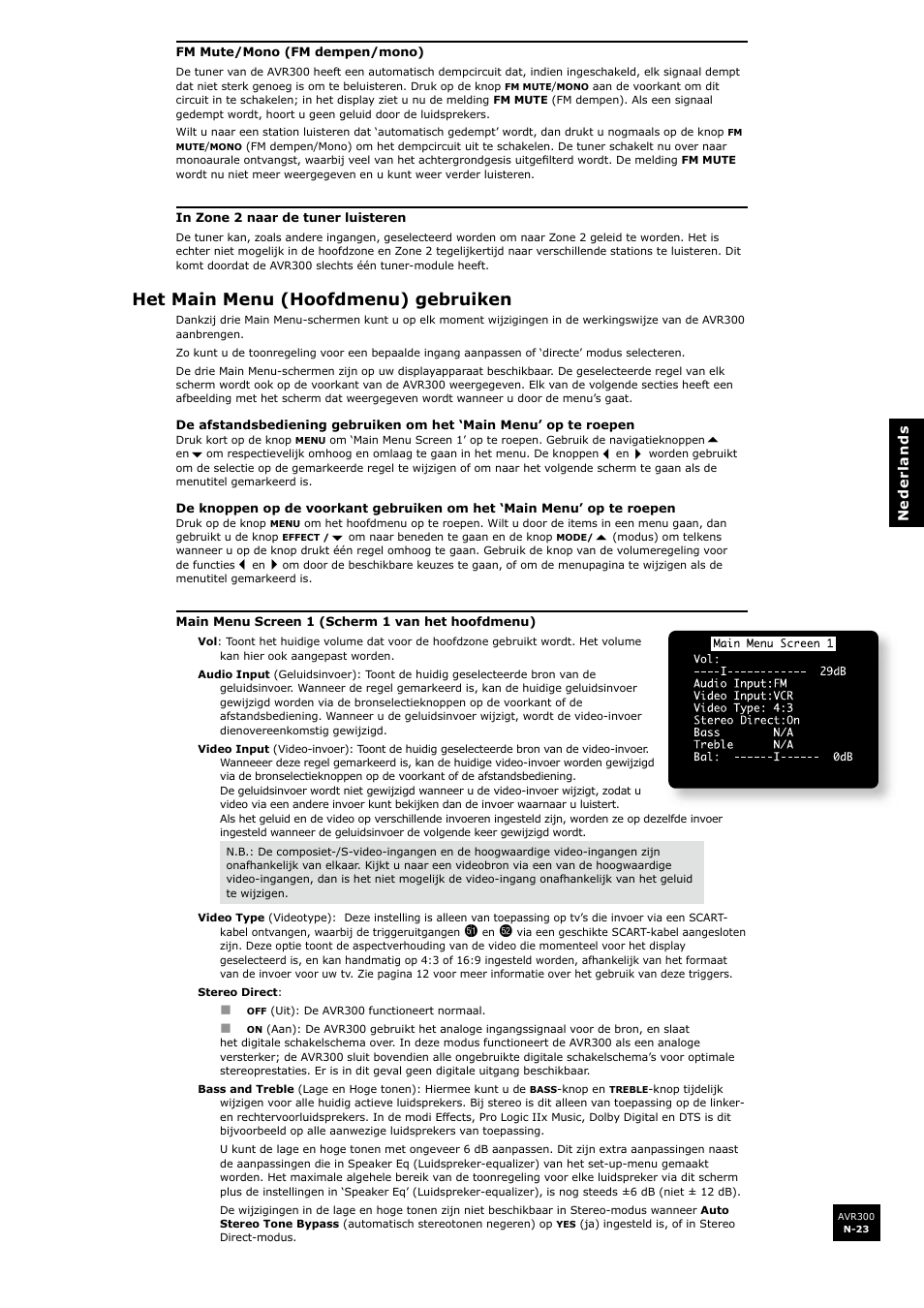 Het main menu (hoofdmenu) gebruiken, N-23 | Arcam surround sound receiver AVR300 User Manual | Page 145 / 160