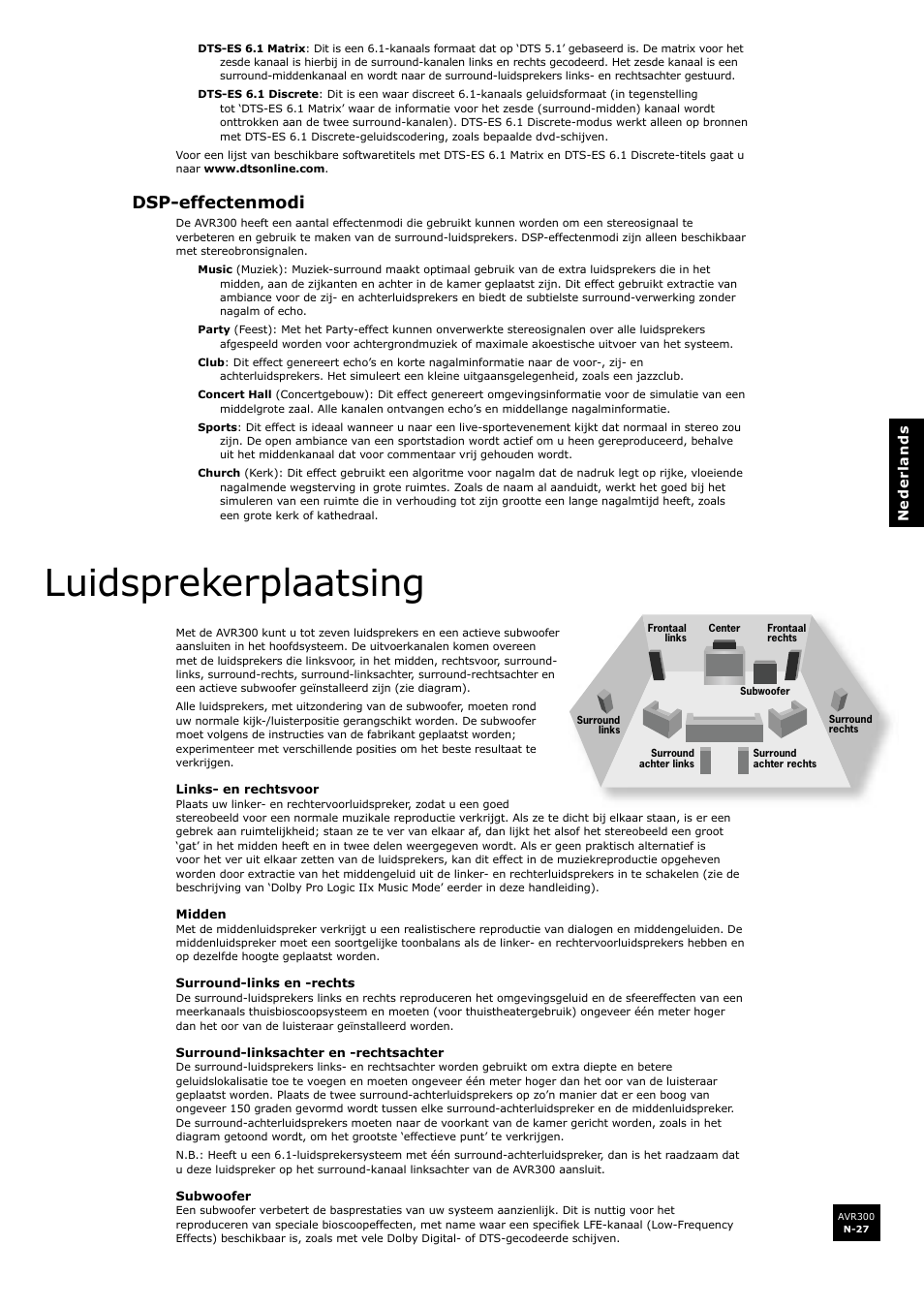Dsp-effectenmodi, Luidsprekerplaatsing, N-27 | Arcam surround sound receiver AVR300 User Manual | Page 149 / 160