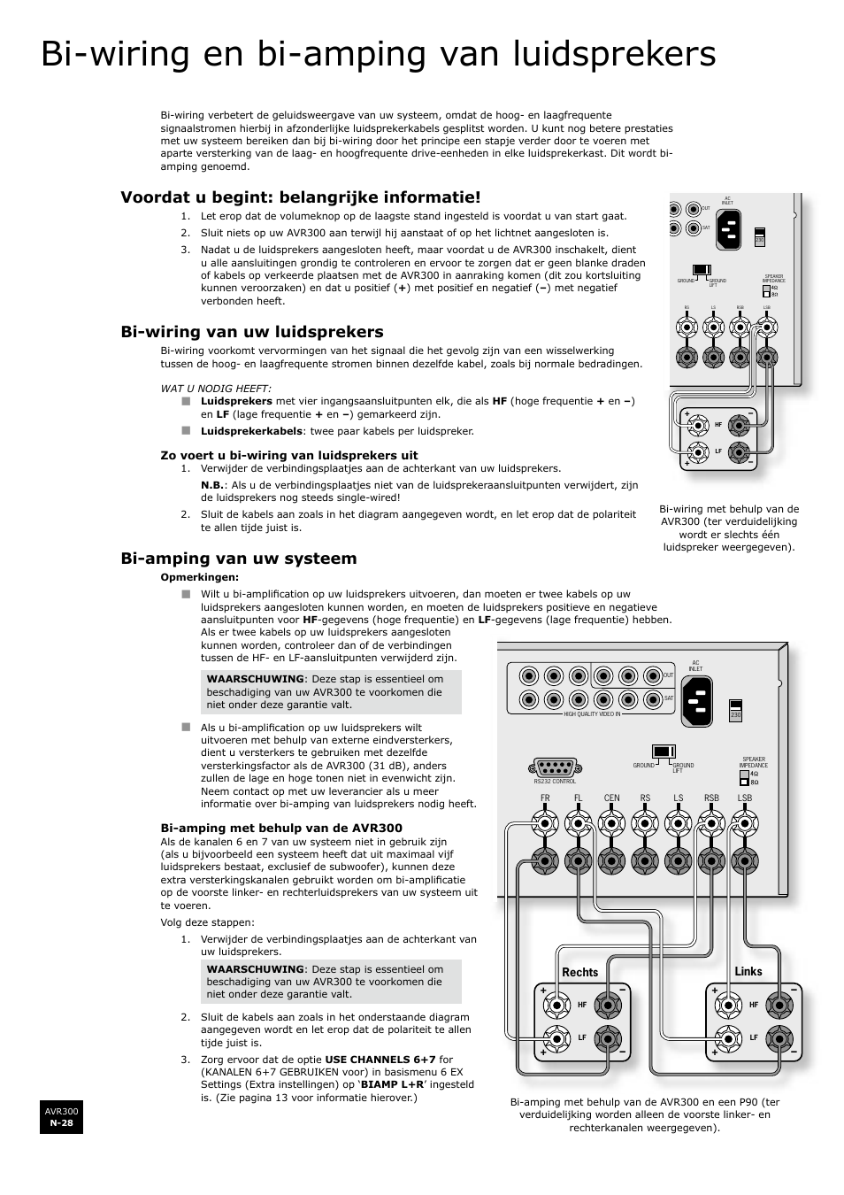 Bi-wiring en bi-amping van luidsprekers, Voordat u begint: belangrijke informatie, Bi-wiring van uw luidsprekers | Bi-amping van uw systeem, Bi-wiring en bi-amping van luidsprekersn-28, N-28 bi-wiring van uw luidsprekers, N-28 bi-amping van uw systeem, N-28 | Arcam surround sound receiver AVR300 User Manual | Page 150 / 160