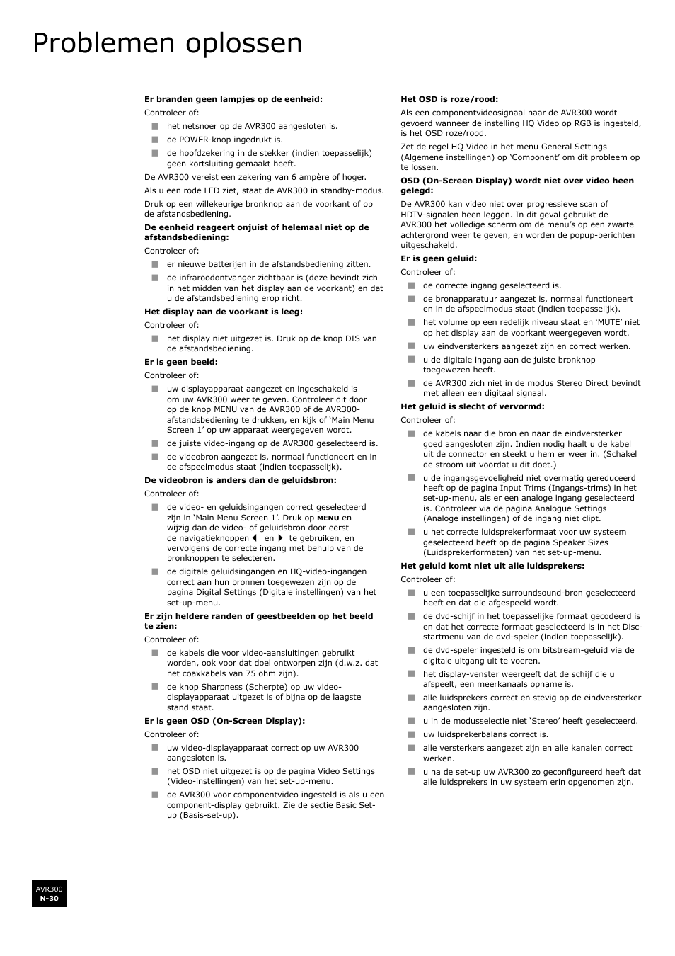 Problemen oplossen, N-30 | Arcam surround sound receiver AVR300 User Manual | Page 152 / 160
