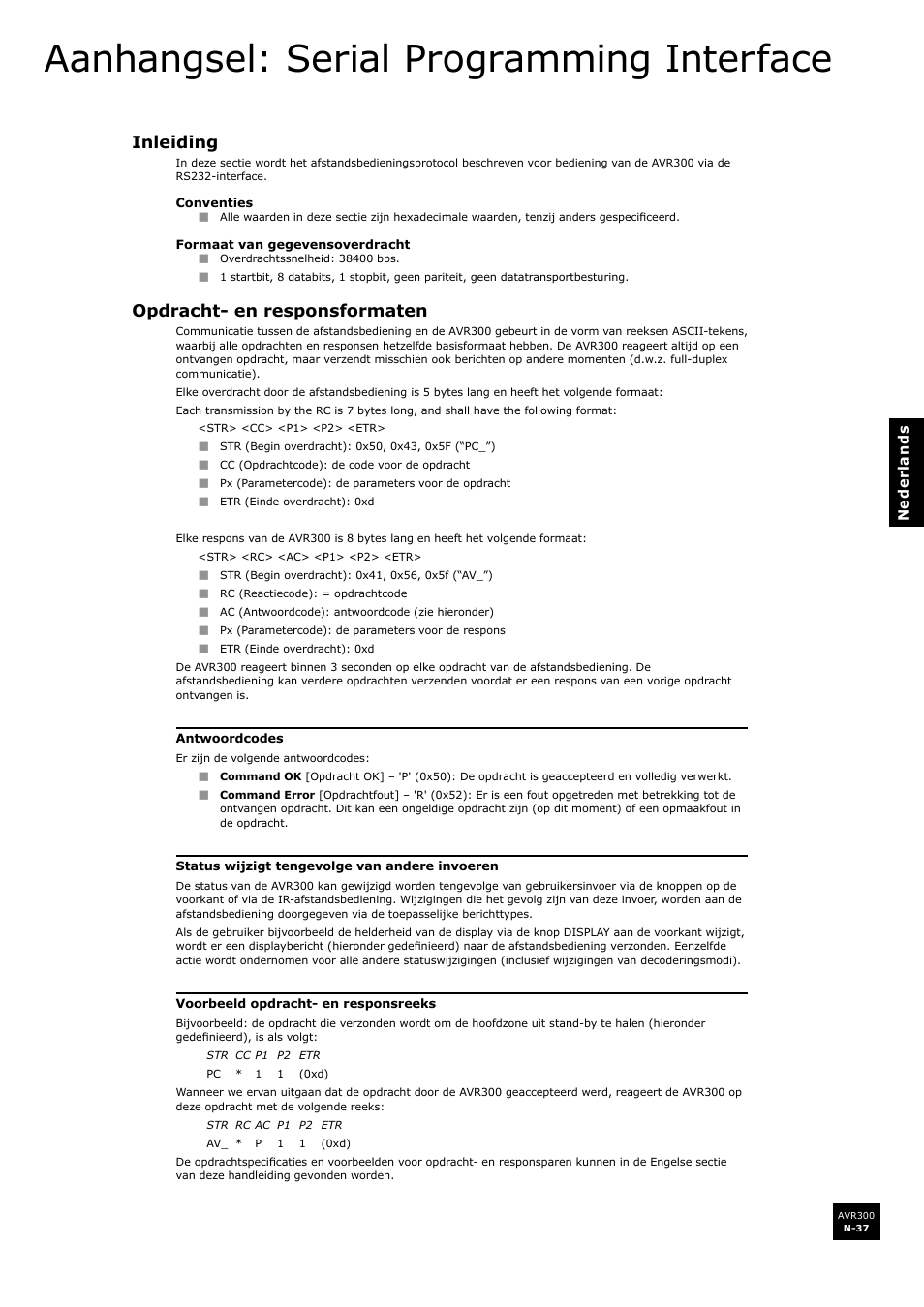 Aanhangsel: serial programming interface, Inleiding, Opdracht- en responsformaten | N-37, N-37 opdracht- en responsformaten | Arcam surround sound receiver AVR300 User Manual | Page 159 / 160
