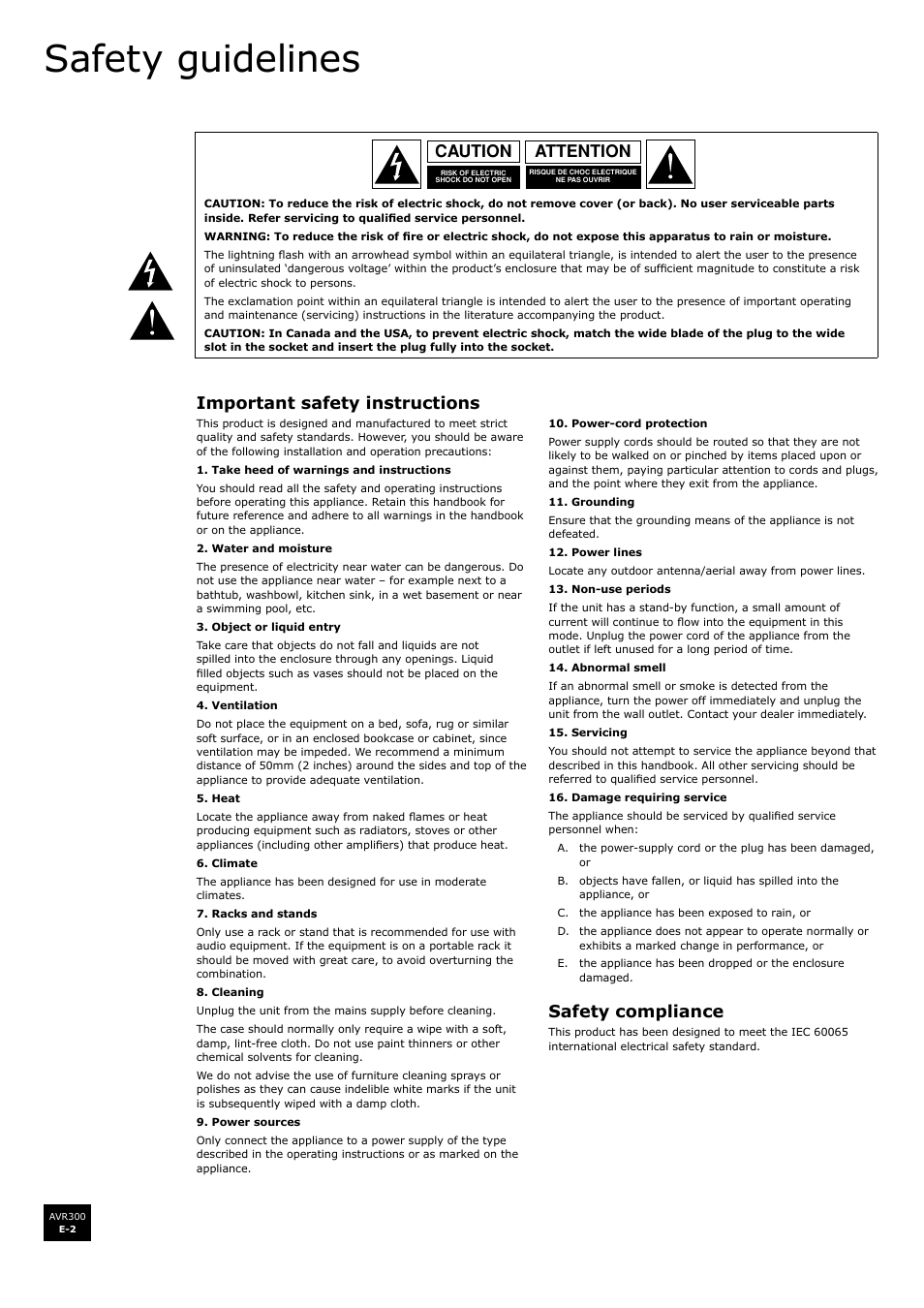 Safety guidelines, Important safety instructions, Safety compliance | Attention caution | Arcam surround sound receiver AVR300 User Manual | Page 2 / 160