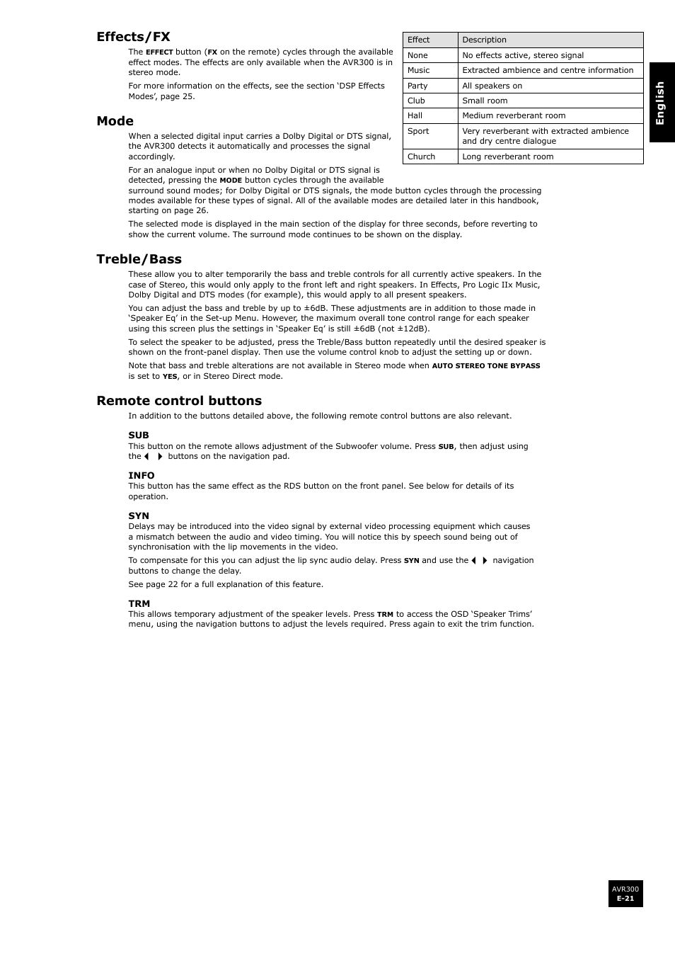 Effects/fx, Mode, Treble/bass | Remote control buttons, E-21 mode, E-21 treble/bass, E-21 remote control buttons, E-21 | Arcam surround sound receiver AVR300 User Manual | Page 21 / 160