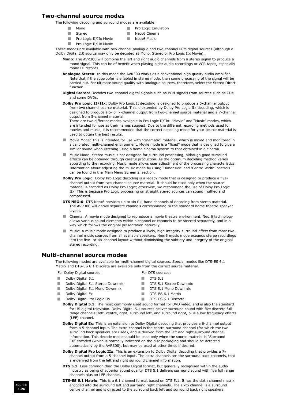 Two-channel source modes, Multi-channel source modes, E-26 multi-channel source modes | E-26 | Arcam surround sound receiver AVR300 User Manual | Page 26 / 160