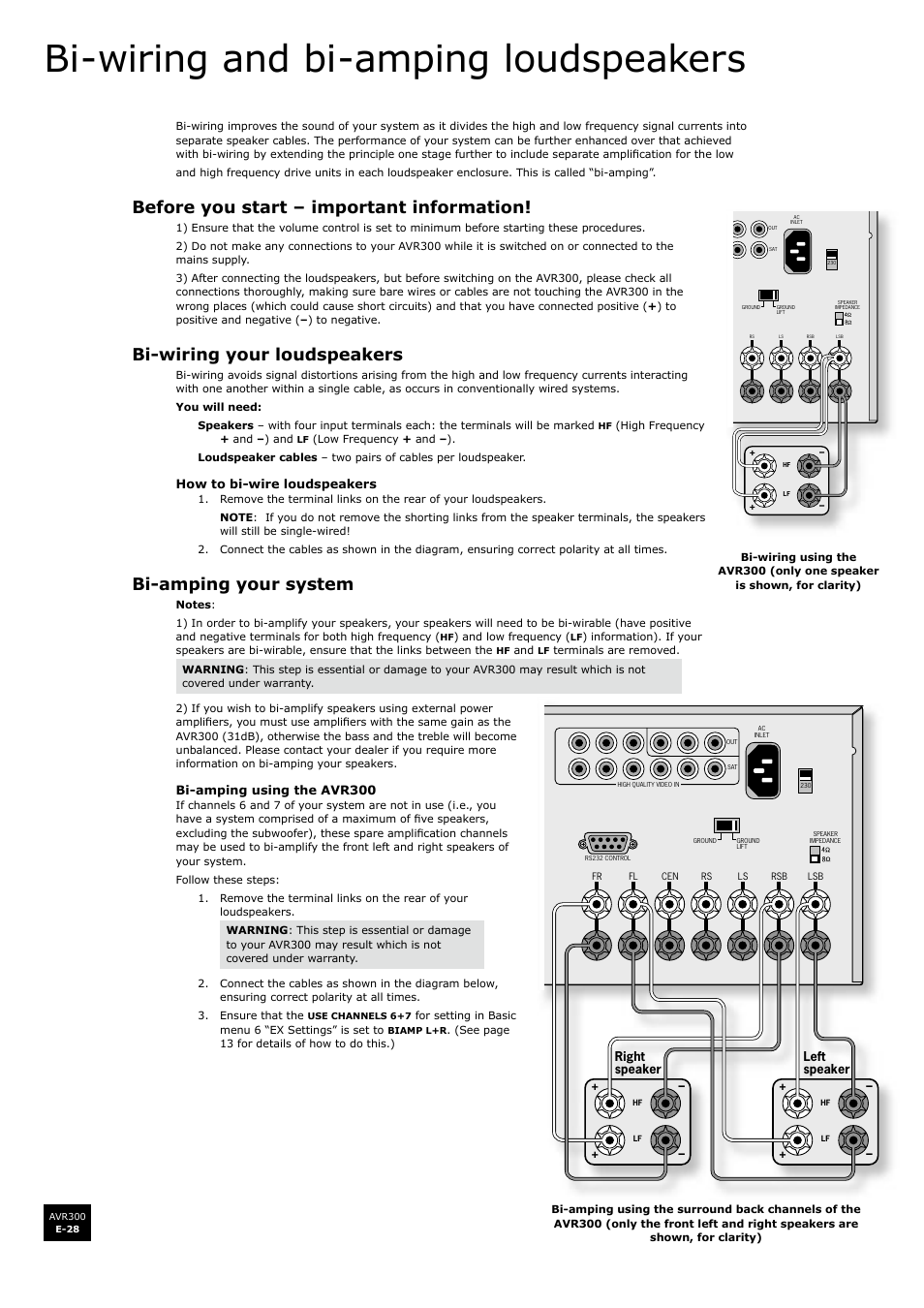 Bi-wiring and bi-amping loudspeakers, Before you start – important information, Bi-wiring your loudspeakers | Bi-amping your system, E-28, E-28 bi-wiring your loudspeakers, E-28 bi-amping your system, En g li s h | Arcam surround sound receiver AVR300 User Manual | Page 28 / 160