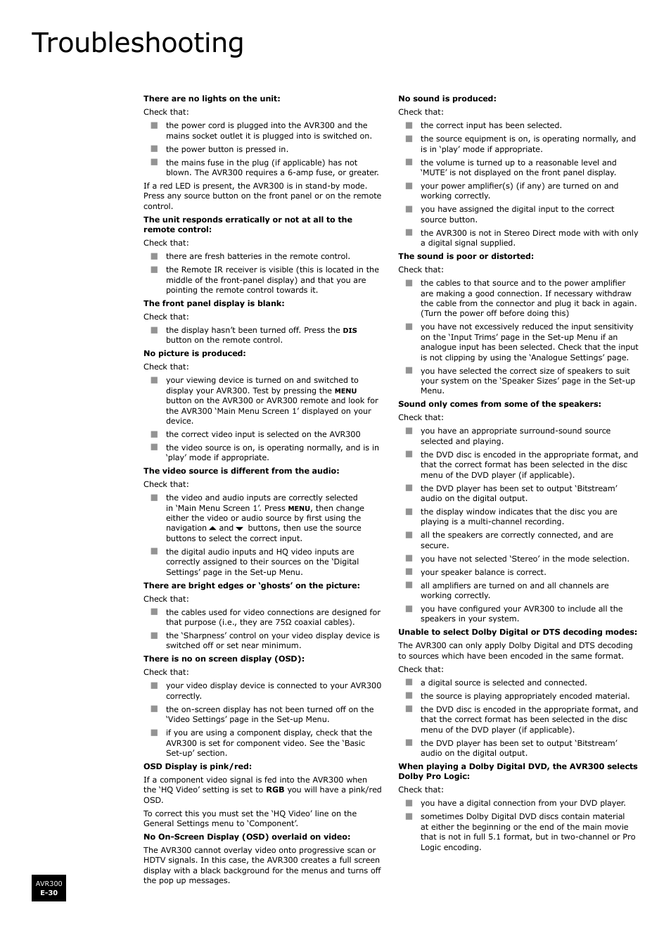 Troubleshooting, E-30 | Arcam surround sound receiver AVR300 User Manual | Page 30 / 160