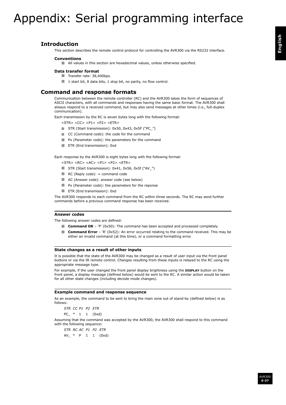 Appendix: serial programming interface, Introduction, Appendix: serial programming interface e-37 | E-37, Command and response formats | Arcam surround sound receiver AVR300 User Manual | Page 37 / 160