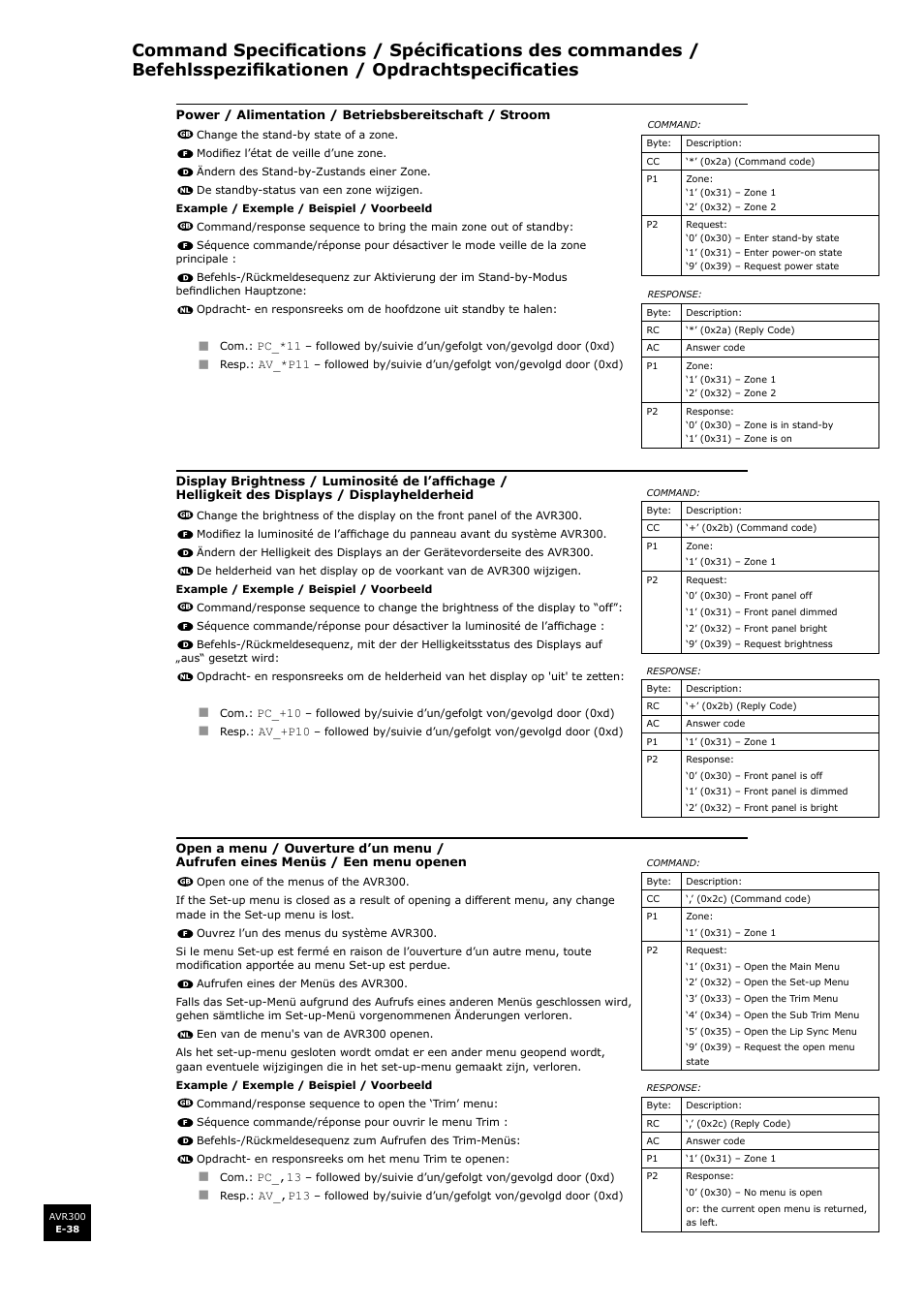 Command specifications, E-38, En g li s h | Arcam surround sound receiver AVR300 User Manual | Page 38 / 160