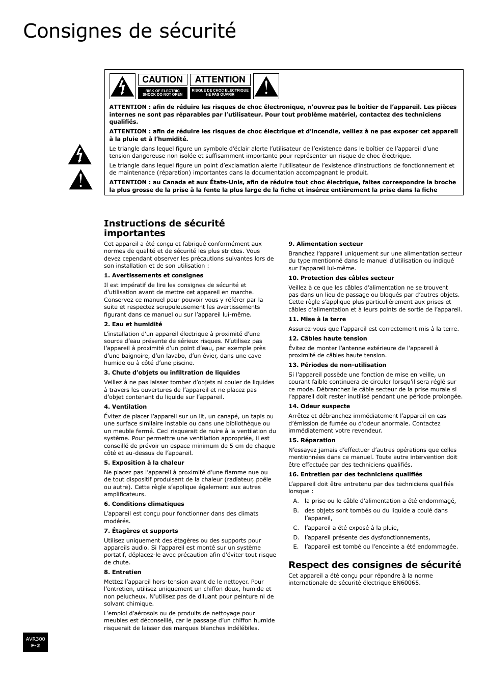 Consignes de sécurité, Instructions de sécurité importantes, Respect des consignes de sécurité | Attention caution | Arcam surround sound receiver AVR300 User Manual | Page 48 / 160
