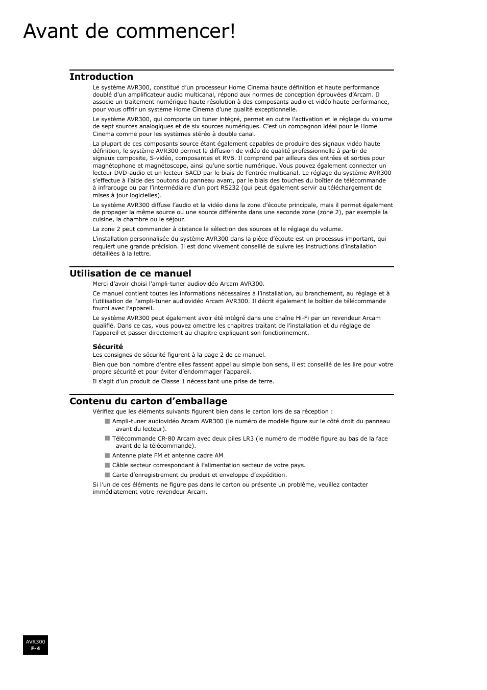 Avant de commencer, Introduction, Utilisation de ce manuel | Contenu du carton d’emballage | Arcam surround sound receiver AVR300 User Manual | Page 50 / 160