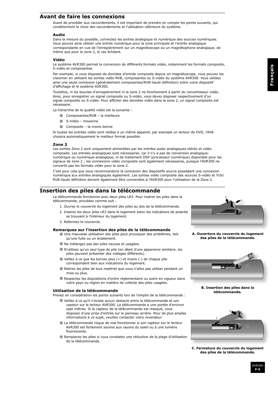 Avant de faire les connexions, Insertion des piles dans la télécommande | Arcam surround sound receiver AVR300 User Manual | Page 51 / 160