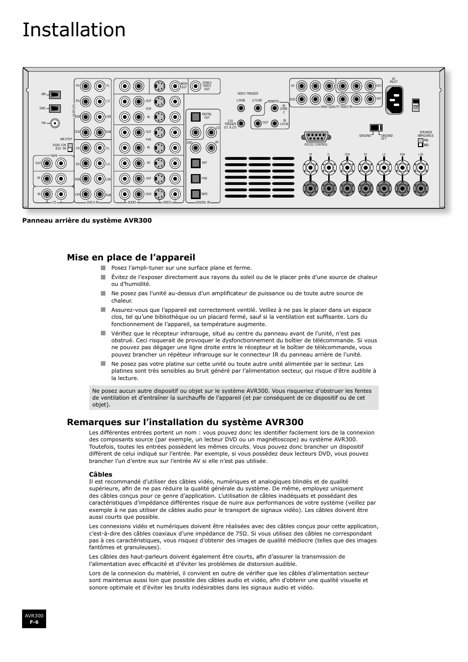 Installation, Mise en place de l’appareil, Remarques sur l’installation du système avr300 | F-6 remarques sur l’installation du système avr300, Câbles, Panneau arrière du système avr300 | Arcam surround sound receiver AVR300 User Manual | Page 52 / 160