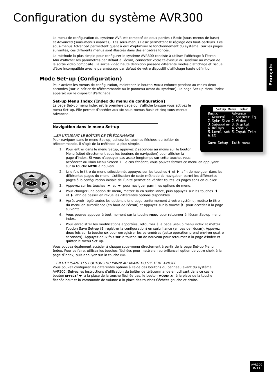 Configuration du système avr300, Mode set-up (configuration), F-11 | Confi guration du système avr300, Mode set-up (confi guration) | Arcam surround sound receiver AVR300 User Manual | Page 57 / 160