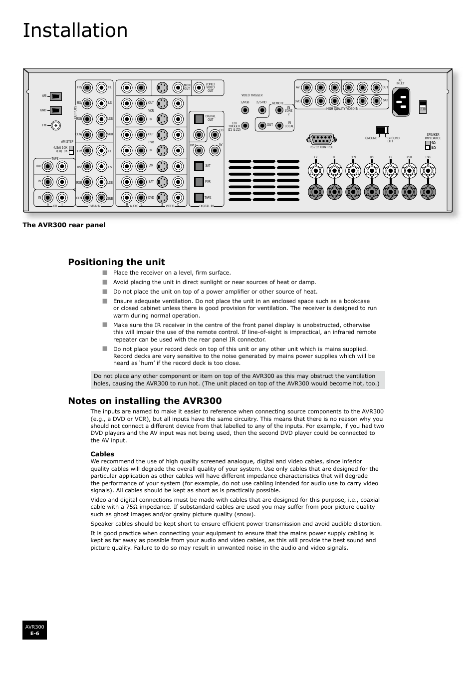 Installation, Positioning the unit, Notes on installing the avr300 | E-6 notes on installing the avr300, En g li s h, Cables, The avr300 rear panel | Arcam surround sound receiver AVR300 User Manual | Page 6 / 160