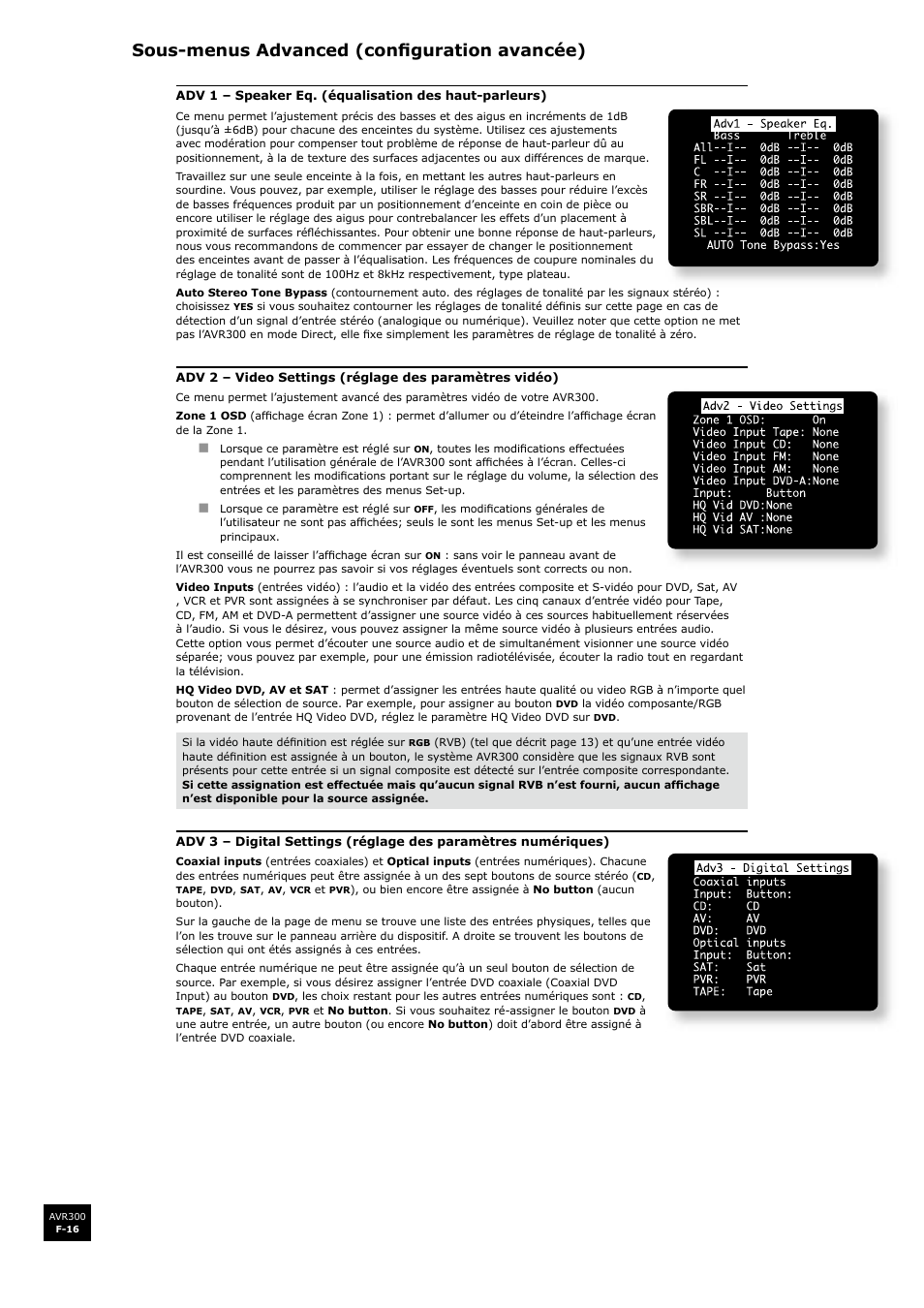 Sous-menus advanced (configuration avancée), F-16, Sous-menus advanced (confi guration avancée) | Arcam surround sound receiver AVR300 User Manual | Page 62 / 160