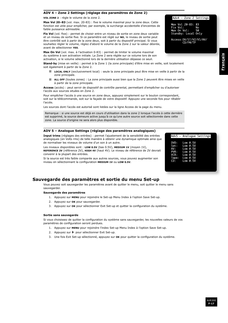 Sauvegarde des paramètres et sortie du menu set-up, F-17 | Arcam surround sound receiver AVR300 User Manual | Page 63 / 160