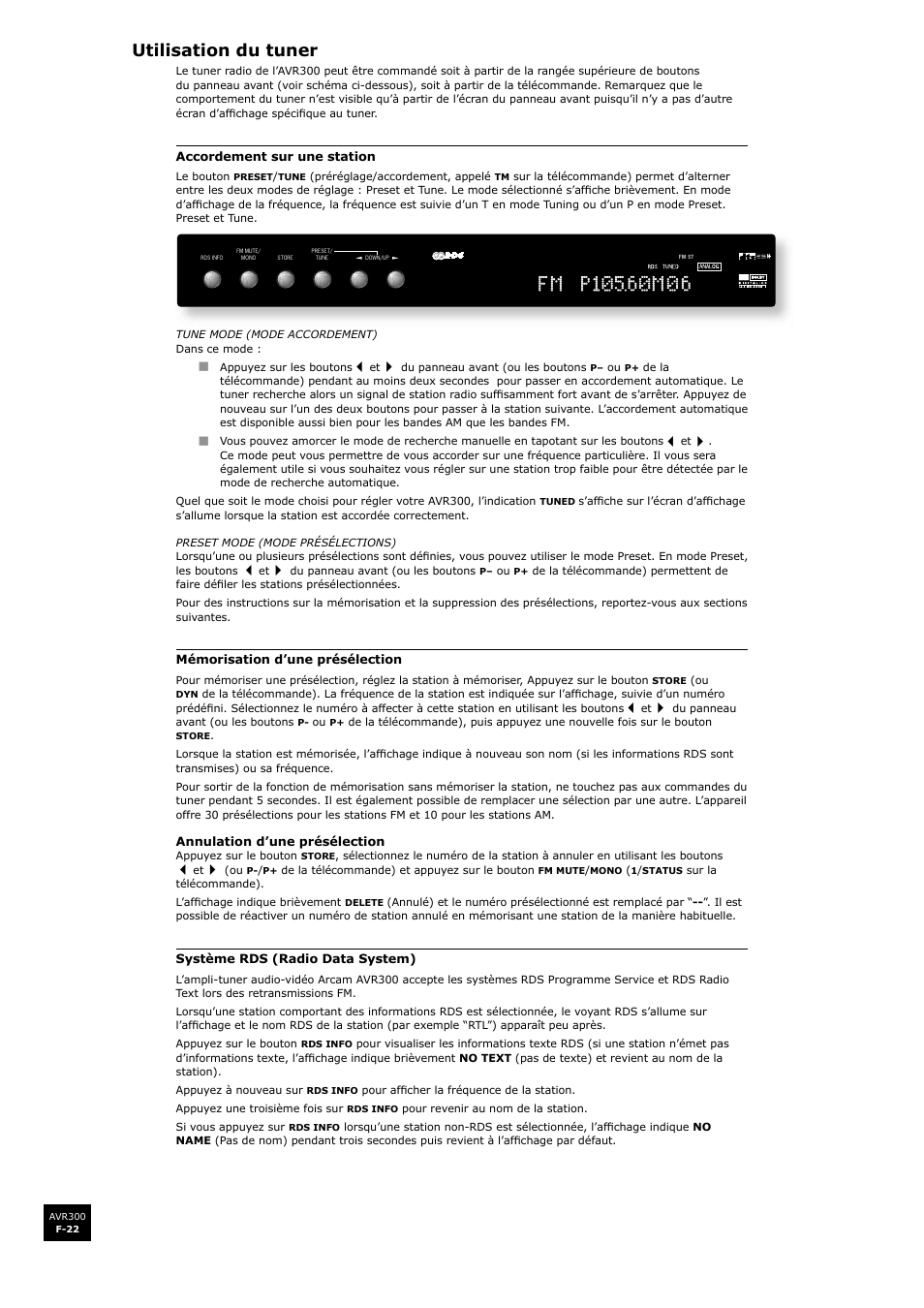 Utilisation du tuner, F-22 | Arcam surround sound receiver AVR300 User Manual | Page 68 / 160