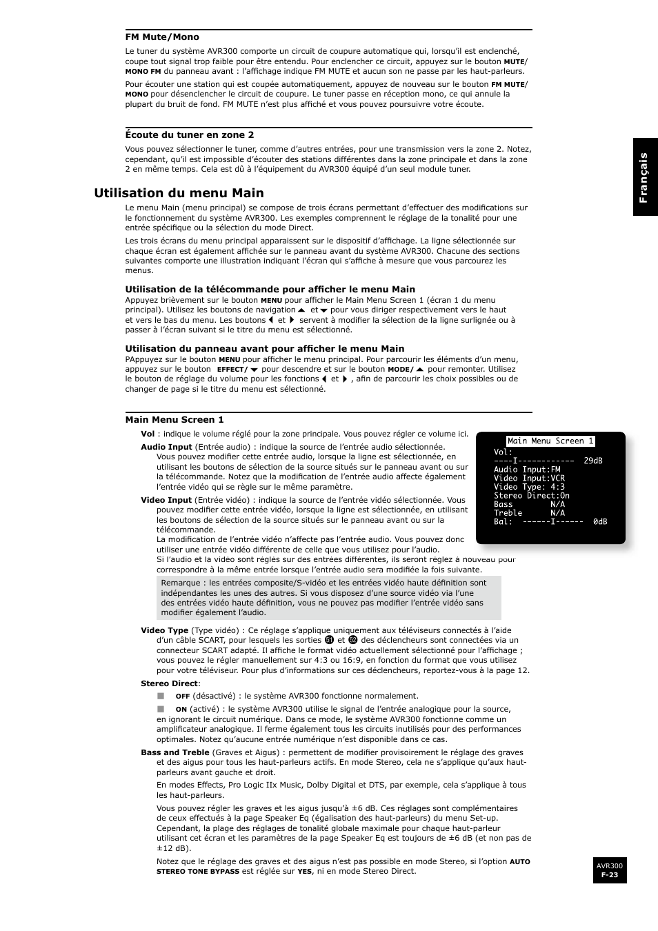 Utilisation du menu main, F-23 | Arcam surround sound receiver AVR300 User Manual | Page 69 / 160