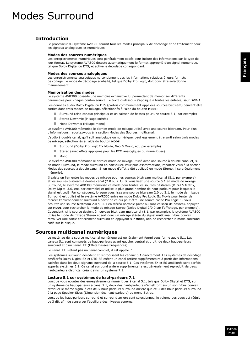 Modes surround, Introduction, Sources multicanal numériques | F-25, F-25 sources multicanal numériques | Arcam surround sound receiver AVR300 User Manual | Page 71 / 160