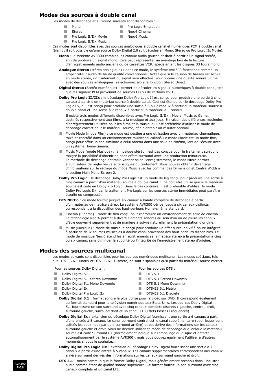 Modes des sources à double canal, Modes des sources multicanal, F-26 modes des sources multicanal | F-26 | Arcam surround sound receiver AVR300 User Manual | Page 72 / 160