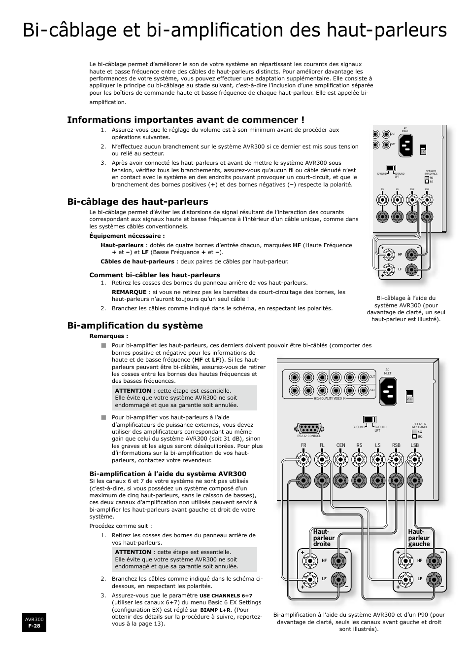 Bi-câblage et bi-amplification des haut-parleurs, Informations importantes avant de commencer, Bi-câblage des haut-parleurs | Bi-amplification du système, F-28, F-28 bi-amplification du système, Bi-câblage et bi-amplifi cation des haut-parleurs, Bi-amplifi cation du système | Arcam surround sound receiver AVR300 User Manual | Page 74 / 160