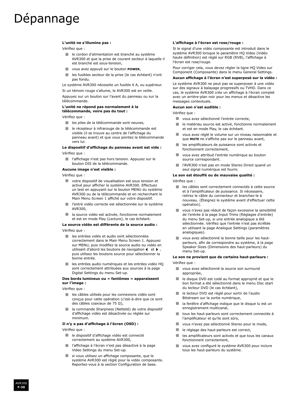 Dépannage, F-30 | Arcam surround sound receiver AVR300 User Manual | Page 76 / 160