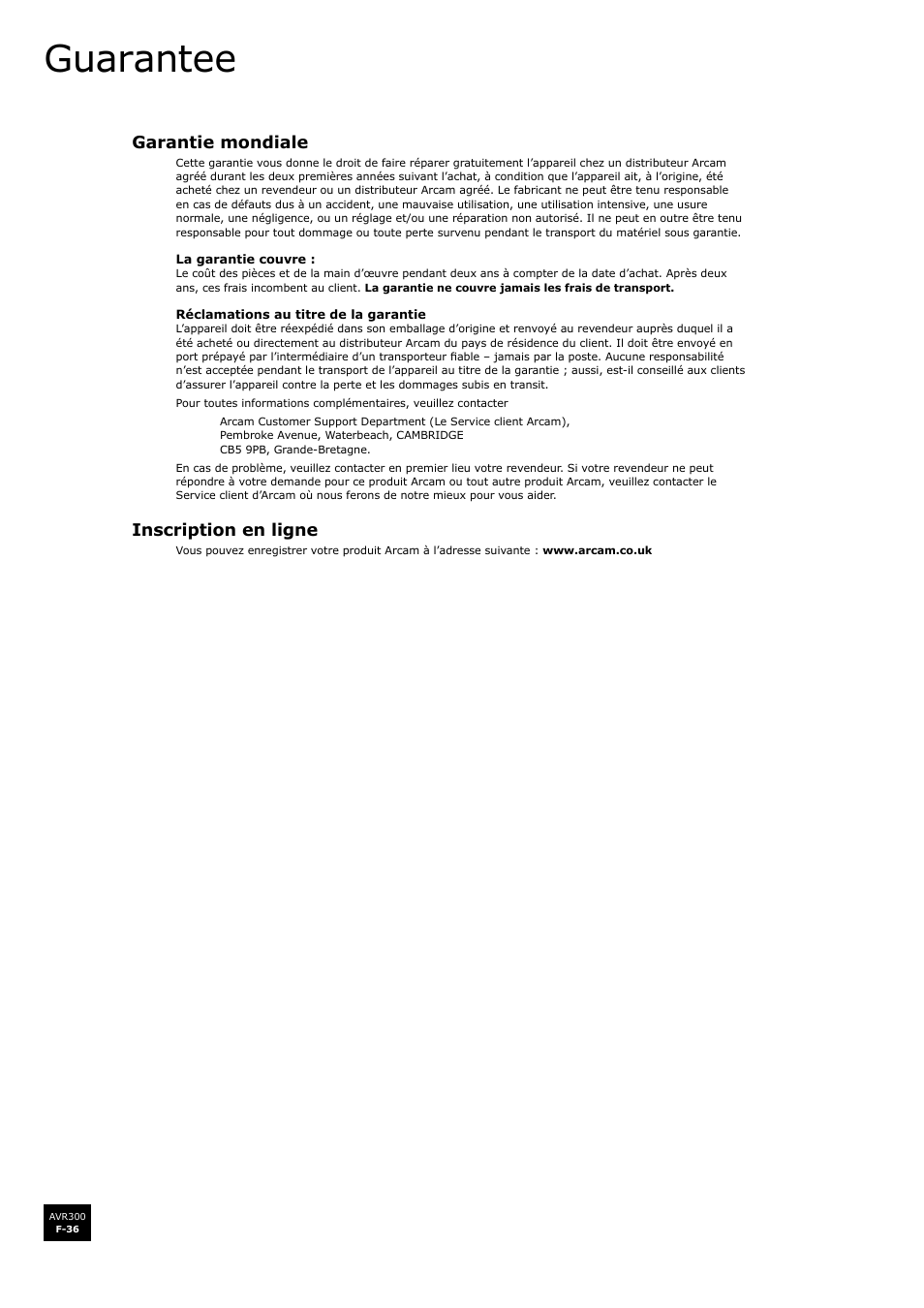 Guarantee, Garantie mondiale, F-36 | Inscription en ligne | Arcam surround sound receiver AVR300 User Manual | Page 82 / 160