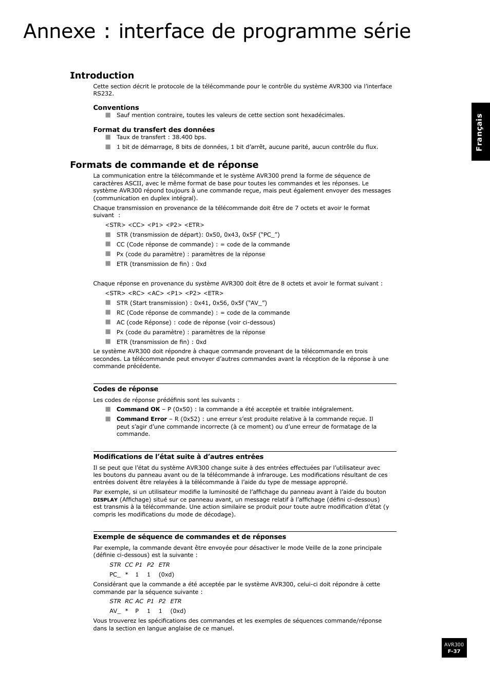 Annexe : interface de programme série, Introduction, Formats de commande et de réponse | F-37, F-37 formats de commande et de réponse | Arcam surround sound receiver AVR300 User Manual | Page 83 / 160