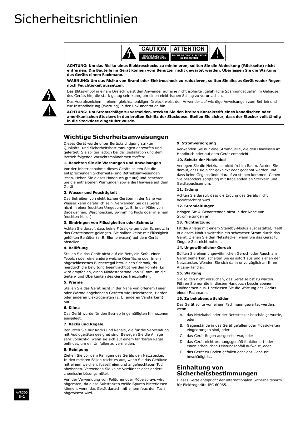 Sicherheitsrichtlinien, Wichtige sicherheitsanweisungen, Einhaltung von sicherheitsbestimmungen | Attention caution | Arcam surround sound receiver AVR300 User Manual | Page 86 / 160