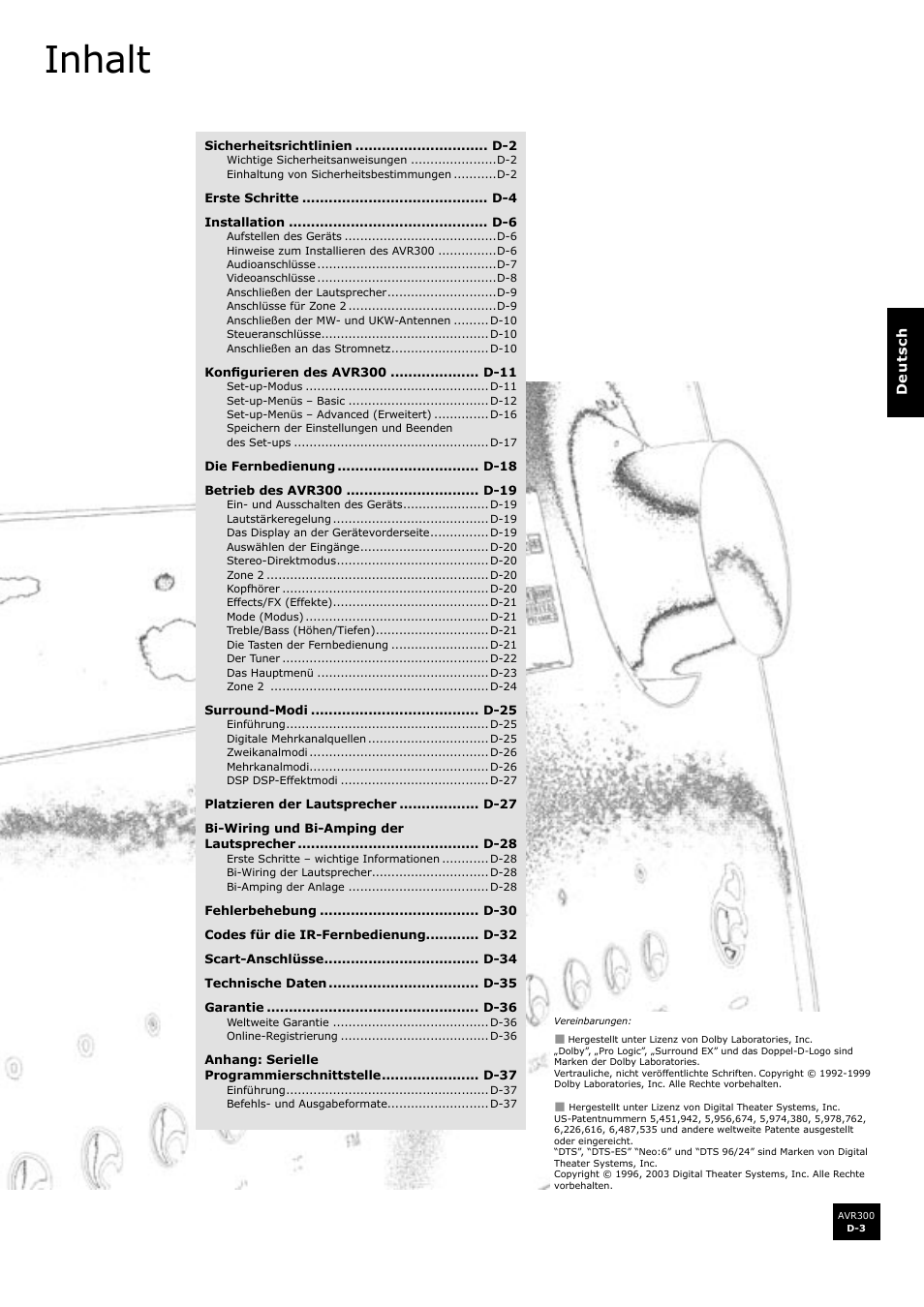 Inhalt | Arcam surround sound receiver AVR300 User Manual | Page 87 / 160
