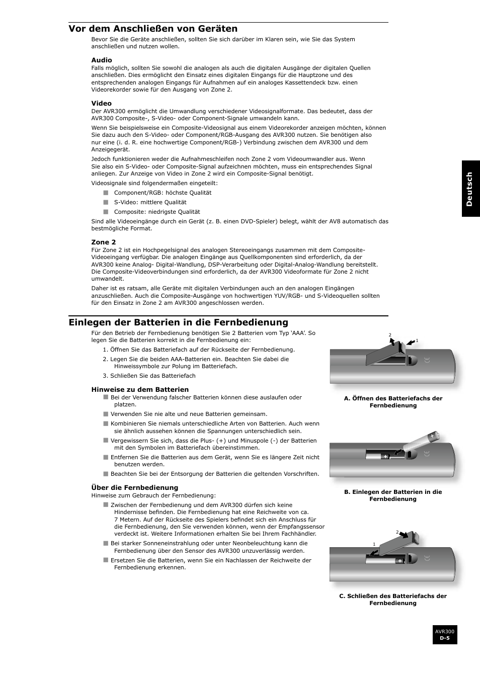 Vor dem anschließen von geräten, Einlegen der batterien in die fernbedienung | Arcam surround sound receiver AVR300 User Manual | Page 89 / 160