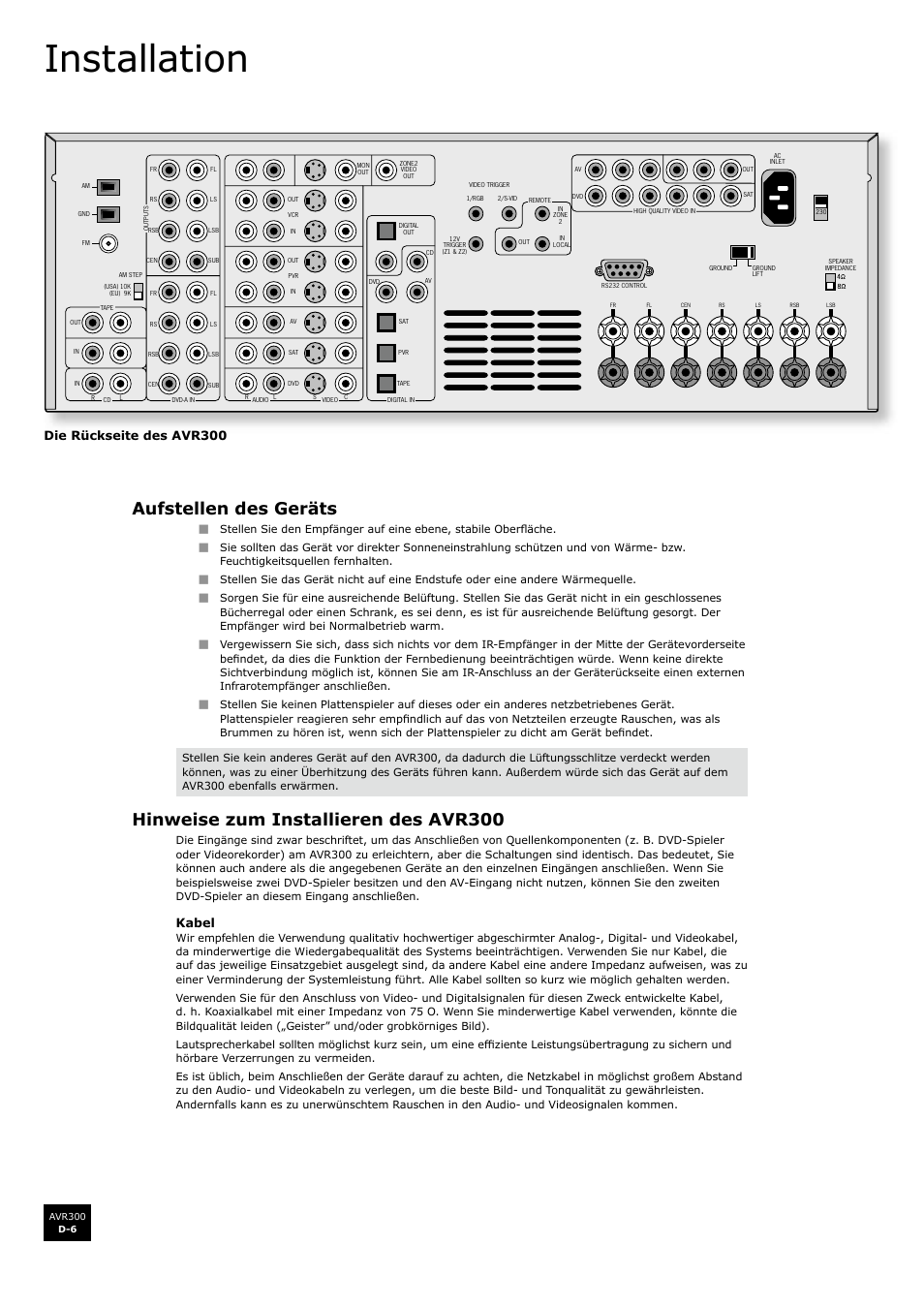 Installation, Aufstellen des geräts, Hinweise zum installieren des avr300 | D-6 hinweise zum installieren des avr300, De u ts c h, Kabel, Die rückseite des avr300 | Arcam surround sound receiver AVR300 User Manual | Page 90 / 160
