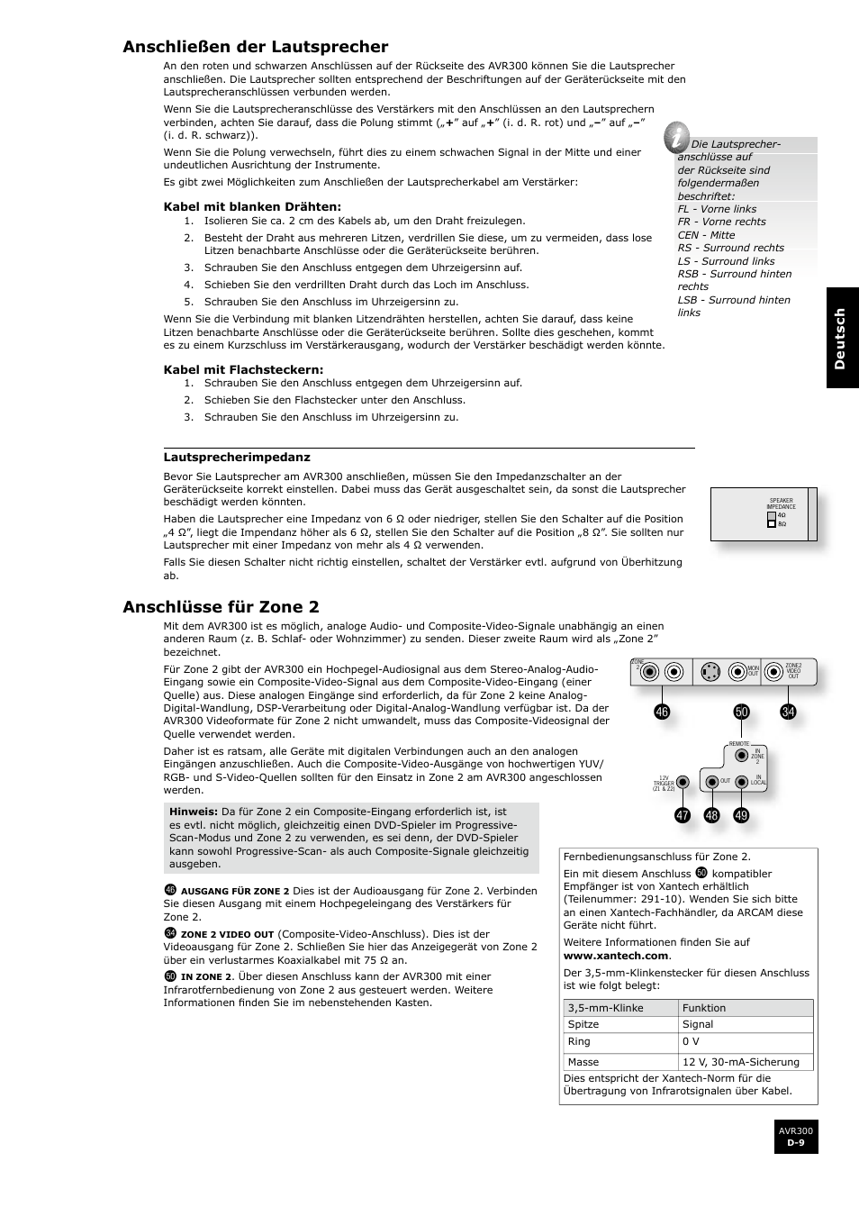 Anschließen der lautsprecher, Anschlüsse für zone 2, D-9 anschlüsse für zone 2 | Arcam surround sound receiver AVR300 User Manual | Page 93 / 160