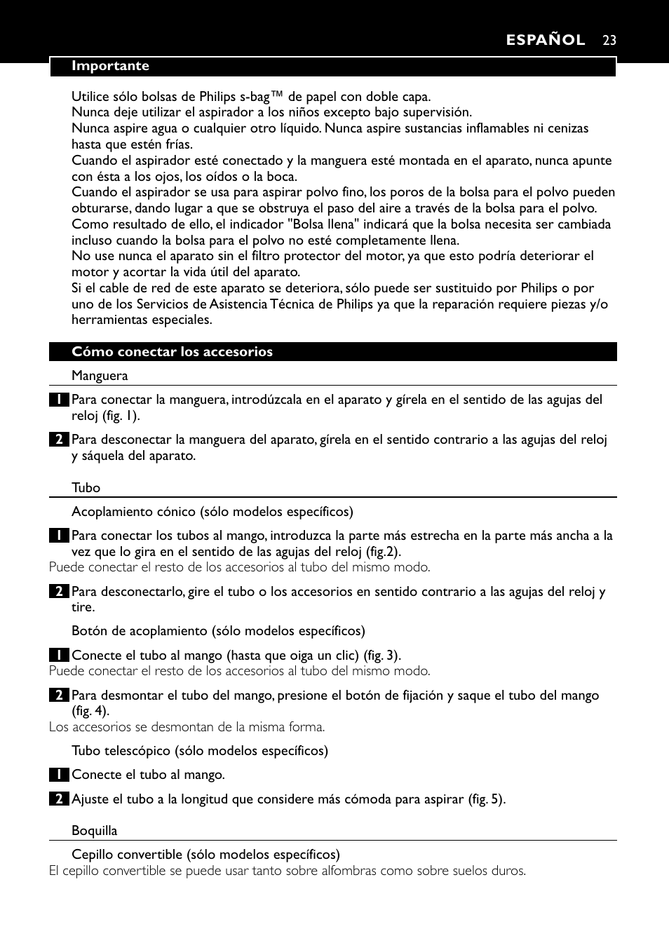 Español 23 | Philips Aspirateur avec sac User Manual | Page 23 / 64