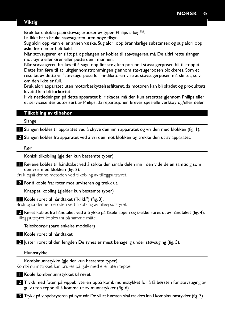 Norsk 35 | Philips Aspirateur avec sac User Manual | Page 35 / 64