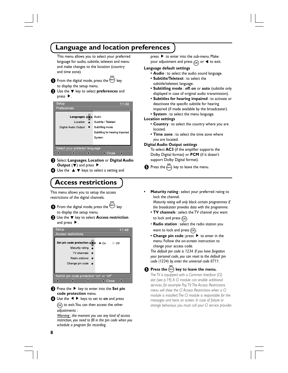 Language and location preferences, Access restrictions | Philips Téléviseur écran plat numérique à écran large User Manual | Page 10 / 144