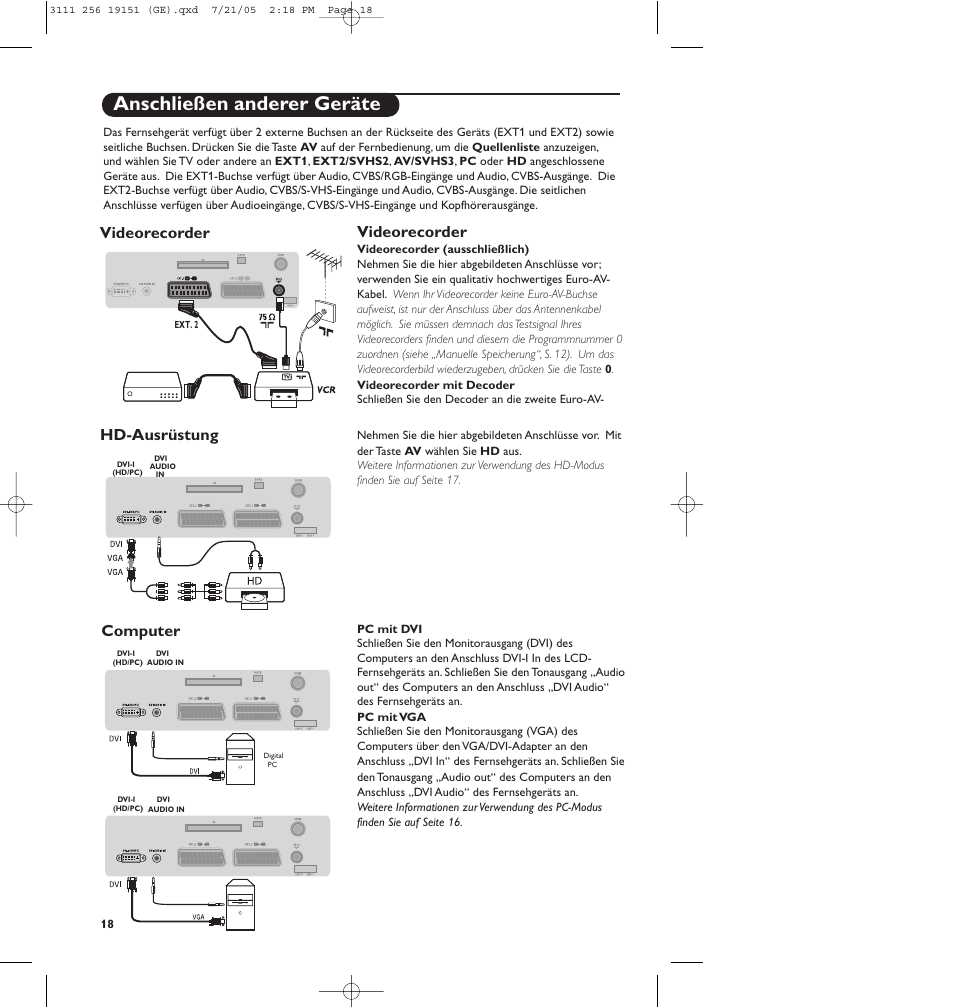 Anschließen anderer geräte, Videorecorder, Videorecorder hd-ausrüstung computer | Philips Téléviseur écran plat numérique à écran large User Manual | Page 100 / 144