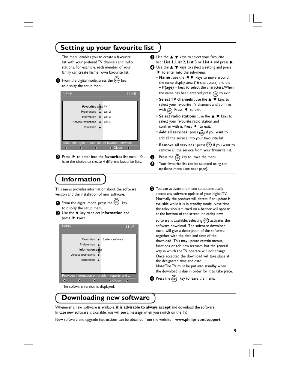 Setting up your favourite list, Information, Downloading new software | Philips Téléviseur écran plat numérique à écran large User Manual | Page 11 / 144