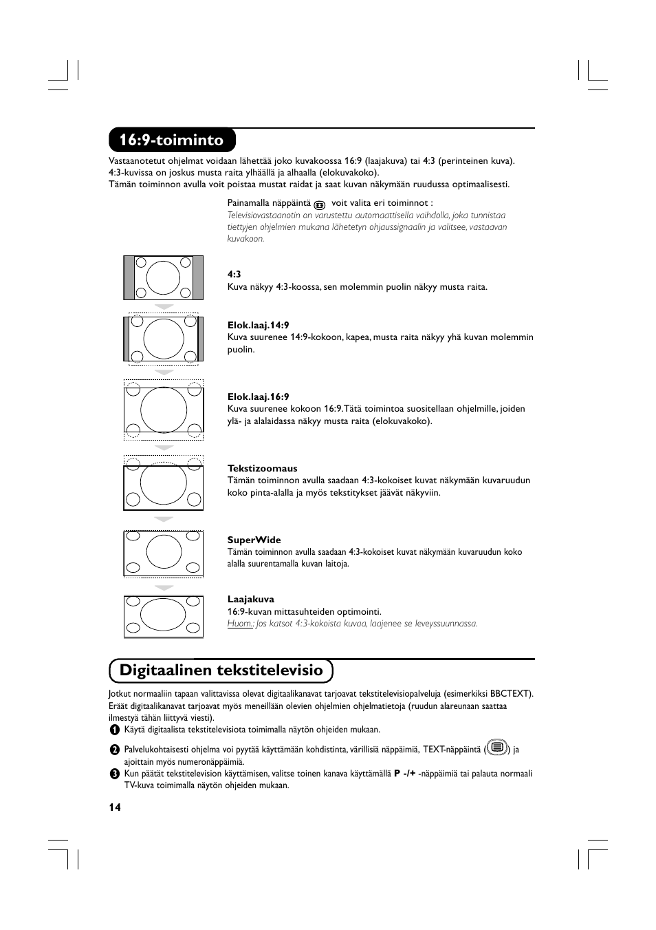 9-toiminto, Digitaalinen tekstitelevisio | Philips Téléviseur écran plat numérique à écran large User Manual | Page 116 / 144