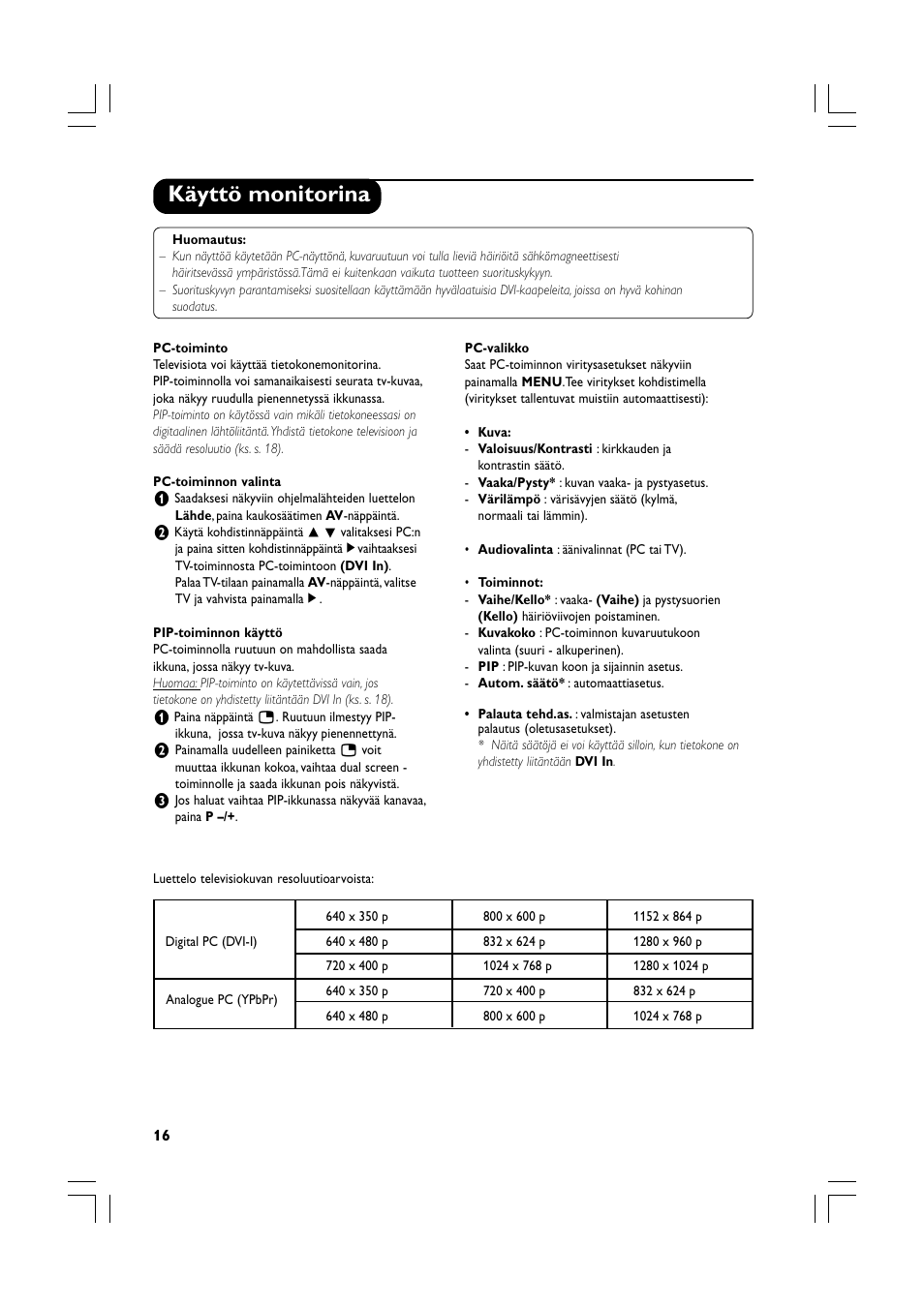 Käyttö monitorina | Philips Téléviseur écran plat numérique à écran large User Manual | Page 118 / 144