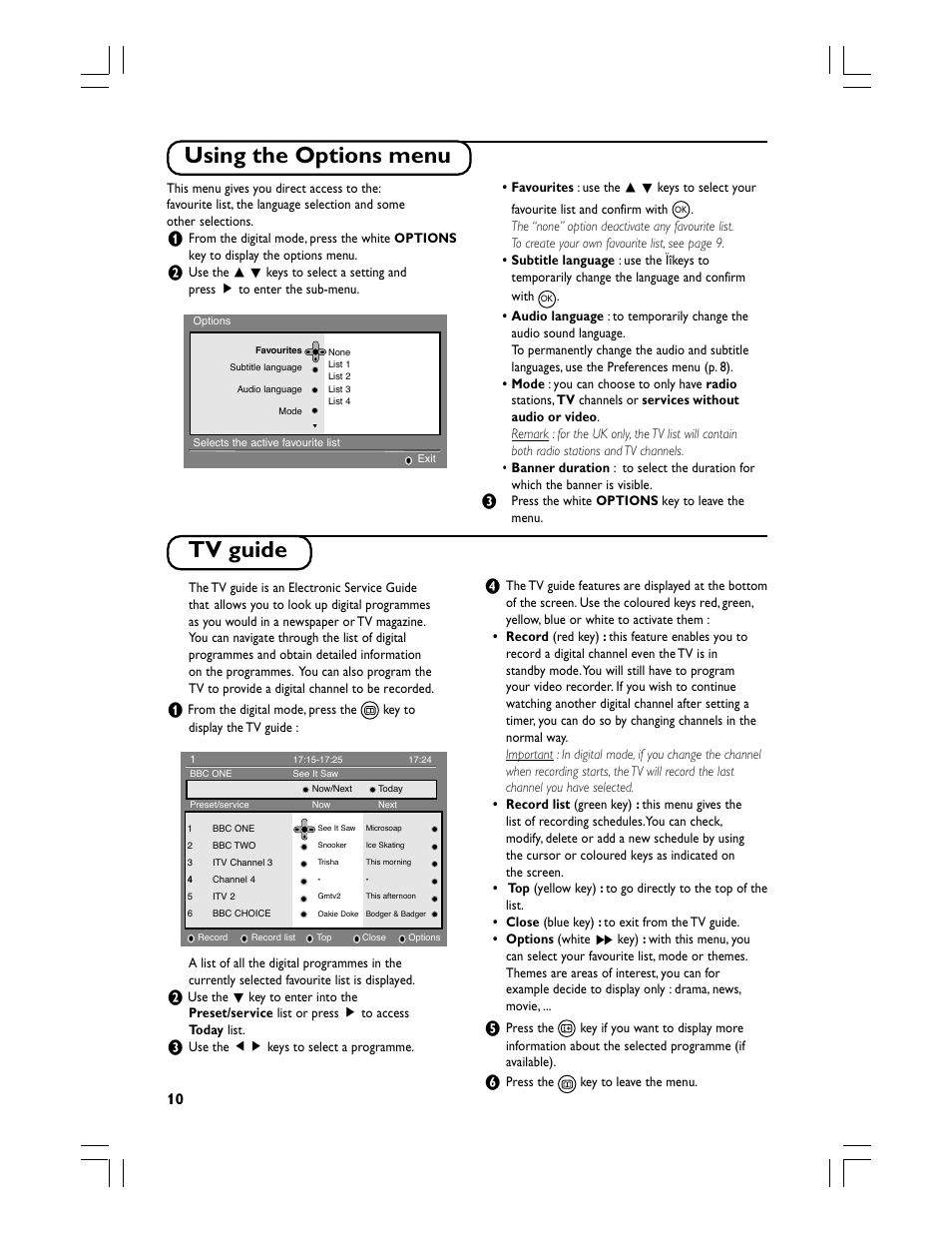 Using the options menu, Tv guide | Philips Téléviseur écran plat numérique à écran large User Manual | Page 12 / 144