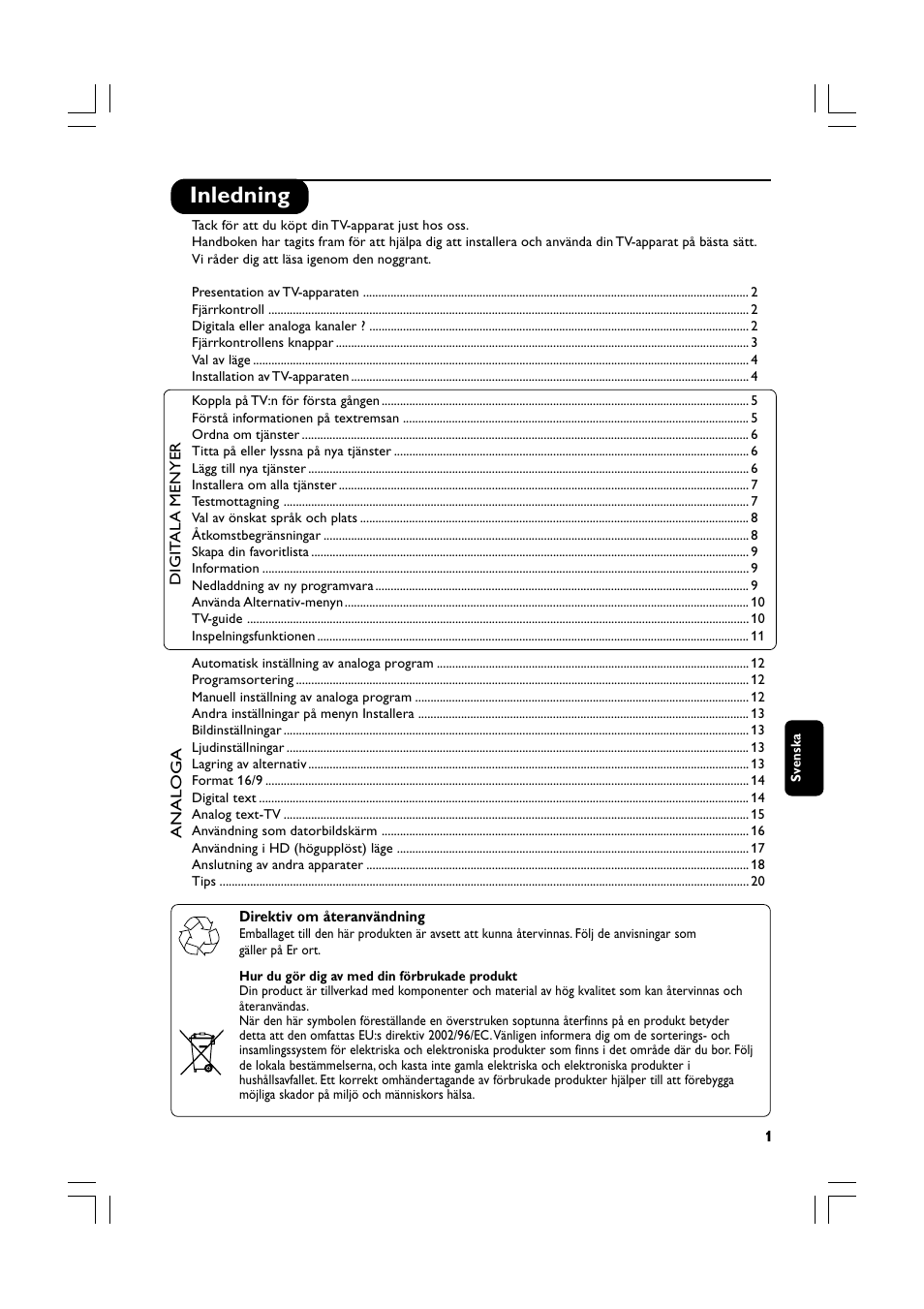 Inledning | Philips Téléviseur écran plat numérique à écran large User Manual | Page 123 / 144