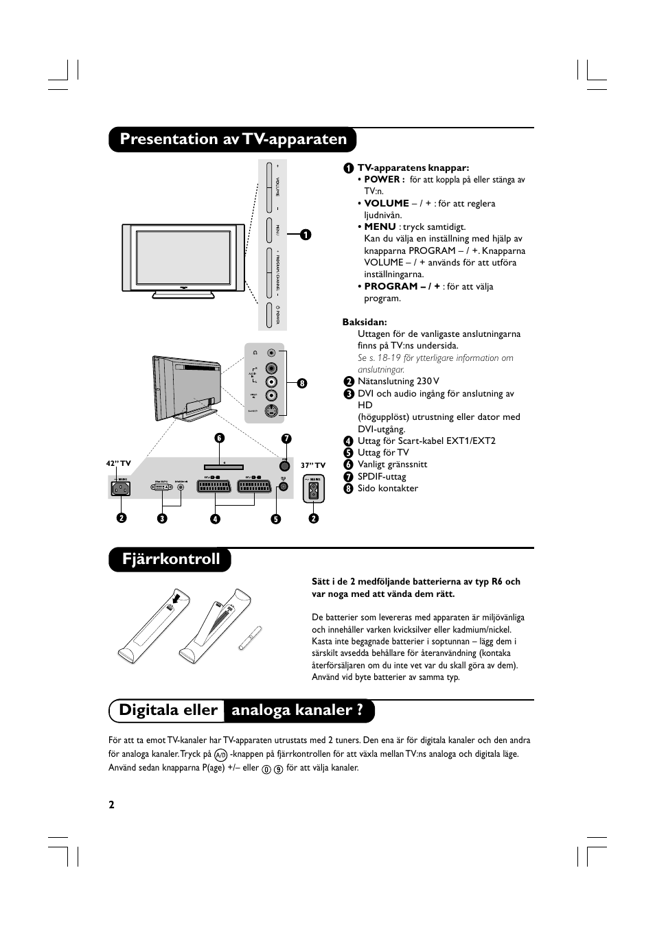 Presentation av tv-apparaten fjärrkontroll, Digitala eller analoga kanaler | Philips Téléviseur écran plat numérique à écran large User Manual | Page 124 / 144