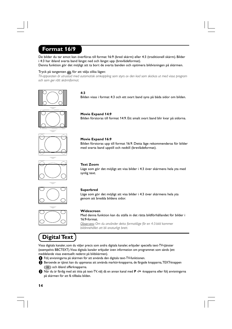 Format 16/9, Digital text | Philips Téléviseur écran plat numérique à écran large User Manual | Page 136 / 144