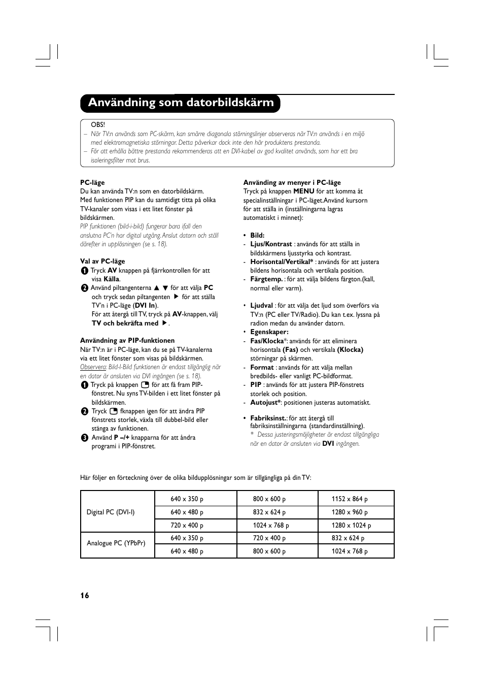 Användning som datorbildskärm | Philips Téléviseur écran plat numérique à écran large User Manual | Page 138 / 144