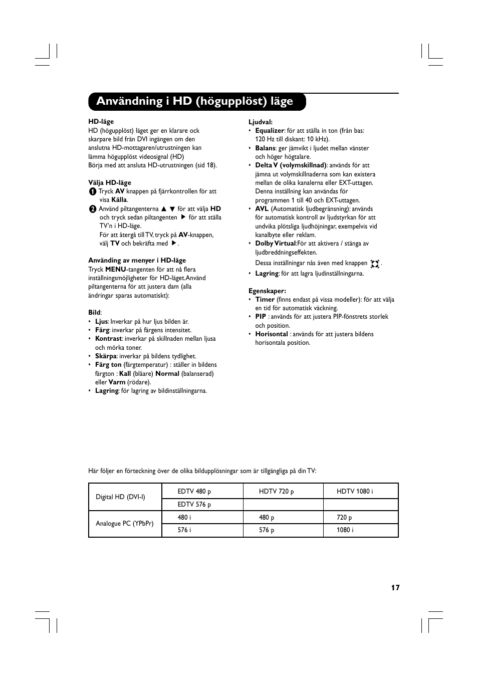 Användning i hd (högupplöst) läge | Philips Téléviseur écran plat numérique à écran large User Manual | Page 139 / 144