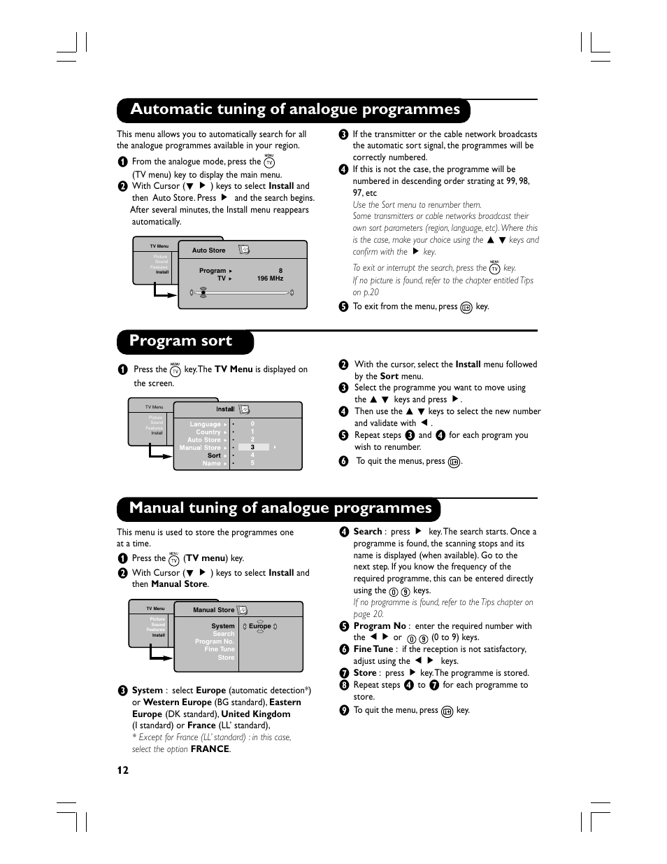 Manual tuning of analogue programmes, Automatic tuning of analogue programmes, Program sort | Philips Téléviseur écran plat numérique à écran large User Manual | Page 14 / 144